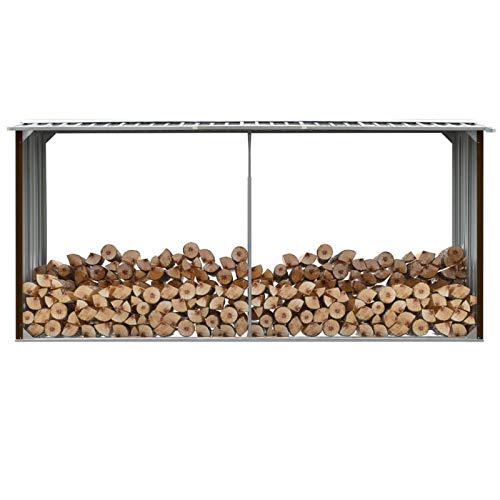 IKAYAA Casetilla para Leña Metálica, Leñero Exterior, Soporte para Leña de Exterior, Cobertizo Caseta Jardín de Leña Acero Galvanizado Marrón 330 x 92 x 144/153 cm