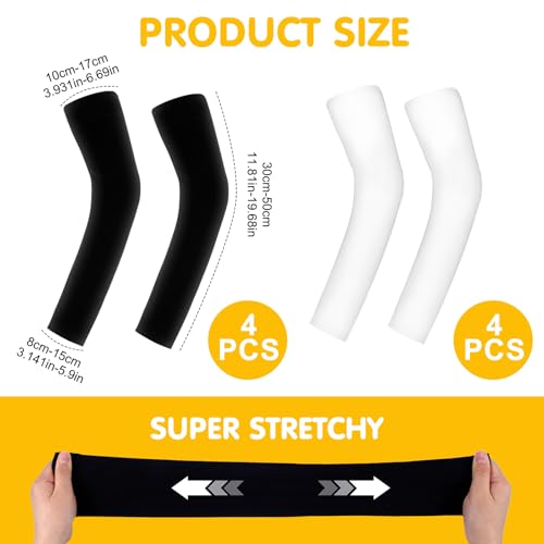 Leikedun 4 Paar UV-Schutz Armlinge Kinder 4-12 Jahre, Kinder Sleeve Arm, Kompressions Armschoner für Volleyball, Gaming & Sport - Atmungsaktive Kühlärmel mit UPF50+ (Schwarz+Weiß)