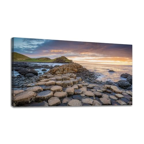 24"x 48" Canvas Wall Art Giant s Causeway Sunset Northern Ireland UK Framed Pictures Painting Prints Large Wall Art for Living Room Bedroom Abstract Home Wall Decor Artwork
