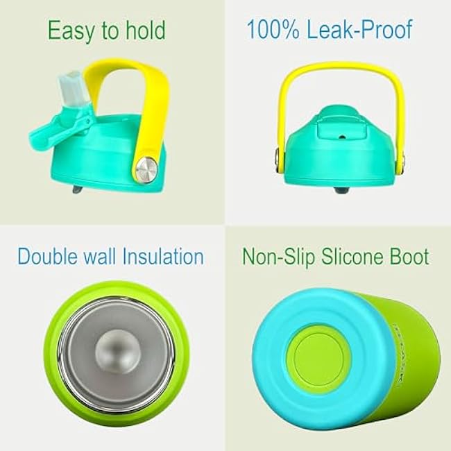 12oz Kids Water Bottle with Straw Lid | 100% Leak Proof | Insulated Stainless Steel Double Walled Thermos | BPA and Sweat free | Hot & Cold (Green)