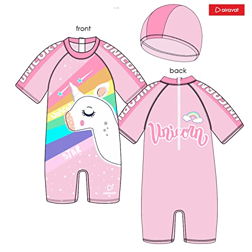 Image of AIRAVAT Girl's Swimsuit Set, Swimming Costume, Swim Costume, 1513 Unicorn Girls Bathing Suit Swimwear, Half Sleeve 1 Piece Swimming Wear for Girls
