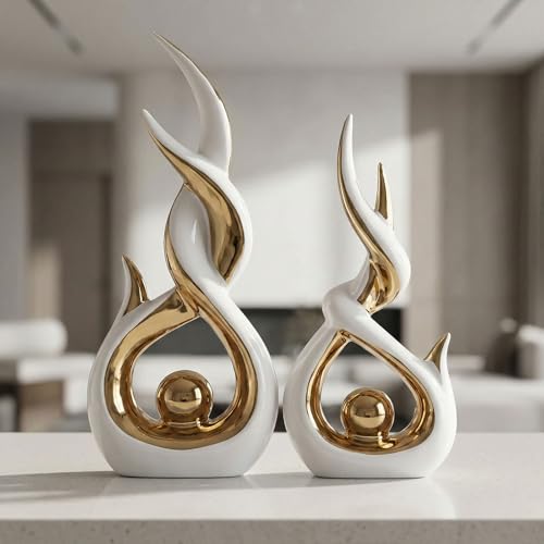 LCCCK Lot de 2 sculptures abstraites en céramique blanche et dorée - Figurines décoratives modernes pour salon, étagère, cheminée, table, décoration...