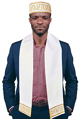 Adebo Off White and Gold Embroidered African Hat and Sash/Scarf