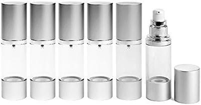 Perfume Studio Airless Pump Bottle 1 oz: Set of 6 Cosmetic Treatment Airless Pump Bottles with Aluminum Metal Shell Top/Bottom (Free Oil Sample Included)