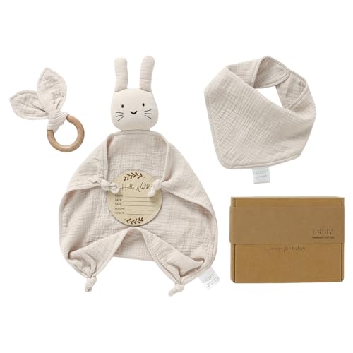 Image of okdiy Baby Shower Gifts for Boys and Girls,Newborn Baby Gifts Set,Gender Neutral Baby Gift,Unique New Baby Gifts Basket Box Essential Stuff. Muslin Bunny Blanket Toy,Wooden Teether,Baby Bib (Khaki)
