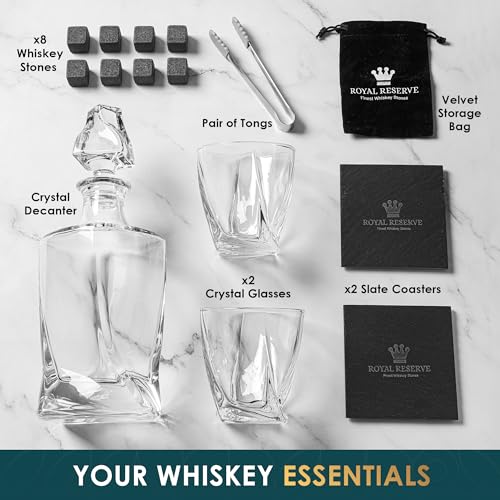 Whiskey Decanter Set by Royal Reserve – Whiskey Gifts Set - Twisted Bourbon Decanter 24 oz with Glasses, Whiskey Stones, Coasters, Tongs – Birthday Gift for Men, Husband, Him, Dad, Boyfriend