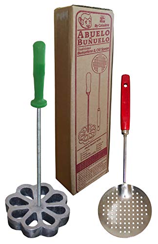 Bunuelera Iron Rossette With Free Oil Spoon, Molde Para Hacer Bunuelos, Bunuelera With Rustic Plastic Handle And Cast Aluminum Spanish Rossette Shape, Traditional Wind Fritters Mold Bundle #TOP2