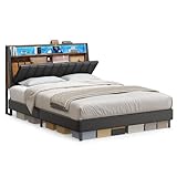 VASAGLE LED Bed Frame Queen Size, Storage Headboard and Charging Station, Queen Bed Frame with 2 AC Outlets, 1 USB Port, 1 Type-C Port, No Box Spring Needed, Ink Black and Rustic Brown URMB841B01