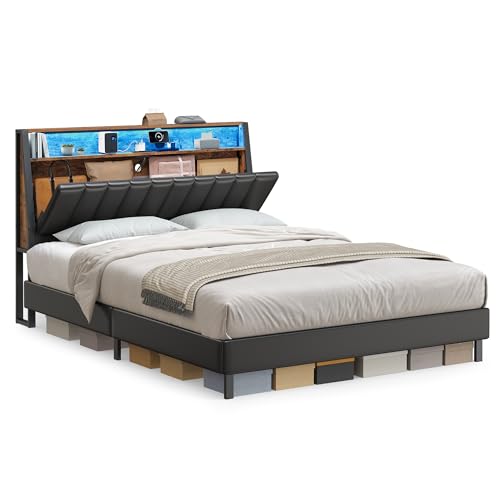VASAGLE LED Bed Frame Queen Size, Storage Headboard and Charging Station, Queen Bed Frame with 2 AC Outlets, 1 USB Port, 1 Type-C Port, No Box Spring Needed, Ink Black and Rustic Brown URMB8