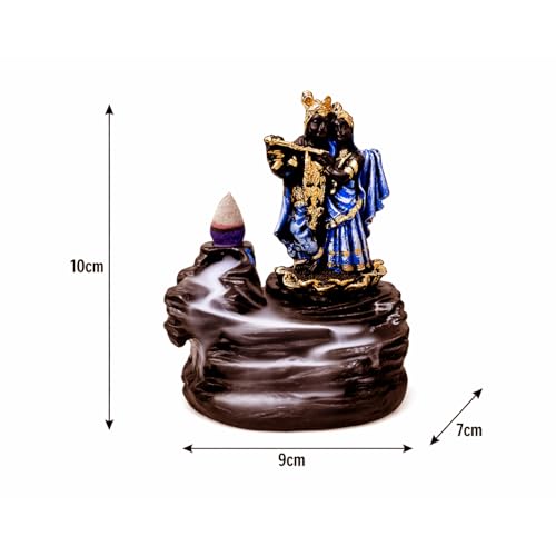 Image of CRAFTAM Polyresin Smoke Backflow Fountain Like Waterfall Radha Krishna Incense Holder Decorative Showpiece Gift with Free 10 Scented Cone Incenses (Blue)