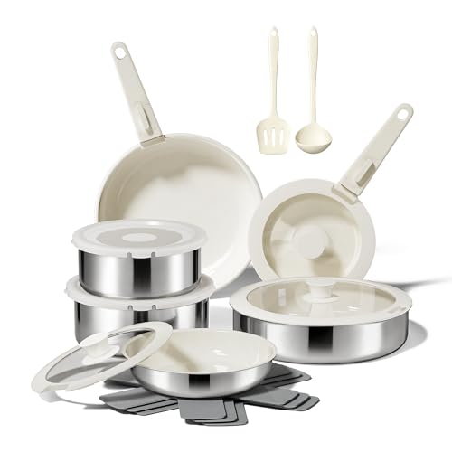 (-35%) Naturepan 16-Teiliges Antihaft-Kochset, Diamant-Titan-Keramik Pfanne& 3-Schichtiger Edelstahl Töpfe & Pfannen Set mit abnehmbarem Griff, Spülmaschinengeeignet, Induktionsgeeignet, Ofenfest