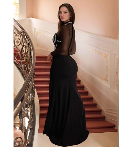 Image of Jigfar Women Sexy Elegant Rhinestone Mesh See Through Party Club Night Split Bodycon Formal Maxi Dress