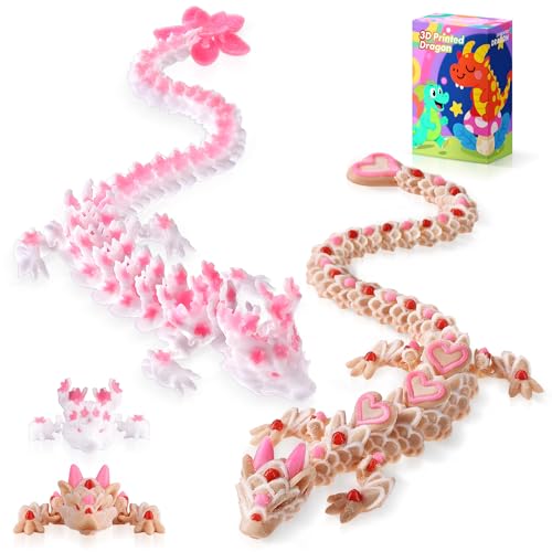 TXB3DOK 3D Printed Cherry Blossom and Heart Cookie Dragons, Articulated Fidget Toys for Autism and ADHD, Perfect Basket Essentials Stuffers and Desk Accessories (Cherry Cookie Heart Dragon)