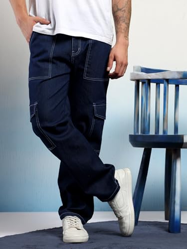 Image of KOTTY Men's Loose Fit Cargo Denim Jeans - Vintage Washed Utility Jeans with Side Pockets