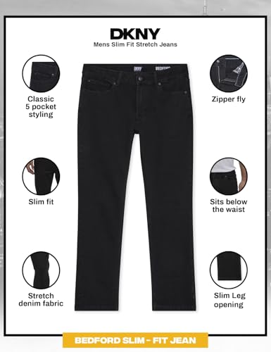 Image of DKNY Bedford Slim Fit Jeans for Men - Tapered Leg Stretch Denim Pants, Classic 5-Pocket Styling | Mens Slim Fit Jeans