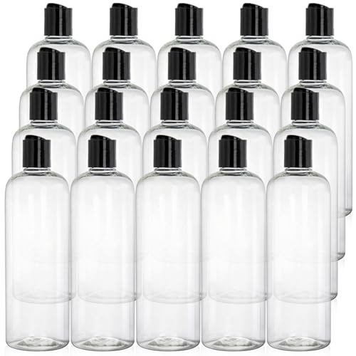 Peohud 20 Pack 16oz Clear Plastic Empty Bottles with Disc Top Flip Caps, Refillable Shampoo Bottles, Squeezable Travel Containers for Lotions, Cosmetics, Liquid Body Soap, Creams, BPA Free