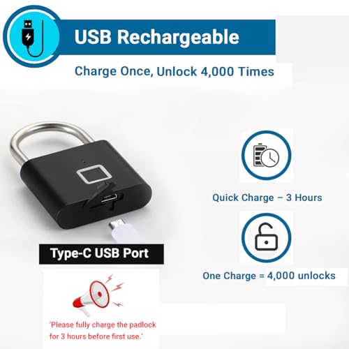 Image of IFITech Smart Fingerprint Padlock, Biometric Keyless Lock with 20 Fingerprint Storage, Rechargeable | Ideal for Personal Spaces and Travel Needs (Small - Black).