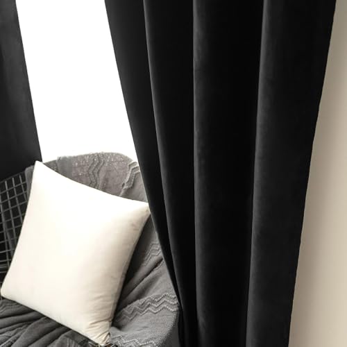 MIULEE 84-Inch Black Velvet Blackout Curtains with Grommet Top - Set of 2 for Bedroom/Living Room