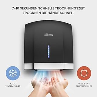 PLUSSEN Asciugamani Automatico Elettrico Hotel Asciuga Mani ad Vento Caldo e Freddo da Parete Bagno con Sensore Fotocellula, a Basso Rumore (40 Db), Coperchio Compatto in ABS, 220-240V (nero-1003)