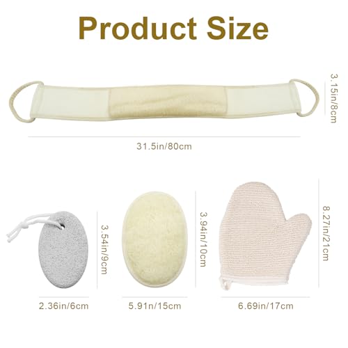 Natural Loofah Exfoliating Body Scrub & Back Scrubber – 4-Pack Bath Set with Exfoliating Glove and Pumice Stone, Deep Cleansing for Rejuvenating Skin – Unisex Spa & Shower Essentials