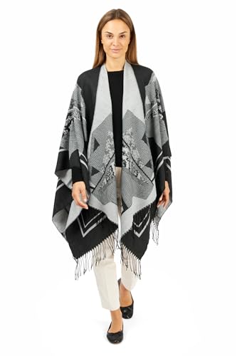 Image of Women's Shawl Wrap Poncho Ruana Cape Cardigan Sweater Open Front for Fall Winter Spring