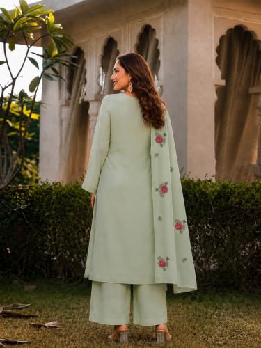 Image of ANNI Designer Kurta Sets for Women Viscose Blend Embroidered | Kurta Palazzo Dupatta Set | Designer Kurti Set for Women | V Neck Full Sleeve Ethnic Suit | Indian Kurta Outfit with Palazzo Pants