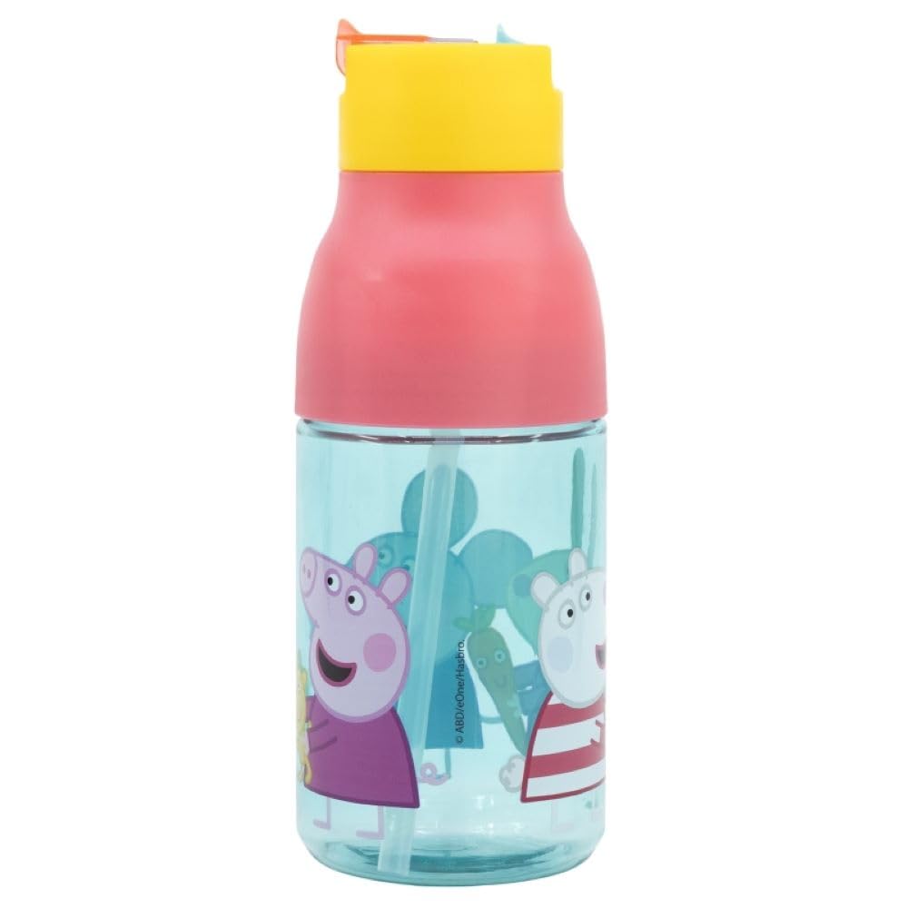 OM SUPPLIES Peppa Geroge Characters Reusable Double Opening Sipper Ecozen Bottle 420ml Non-Drip Stopper with Built in Straw (Peppa)