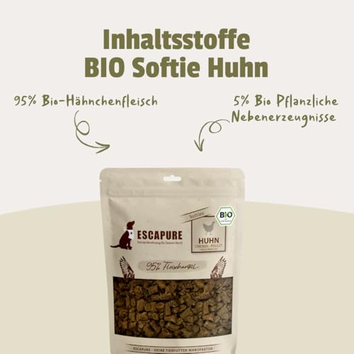 ESCAPURE Bio Softies – Hundesnacks aus Hähnchenfleisch – 100% Bio-Zutaten, 98% Muskelfleisch – Getreidefrei, ohne Zusatzstoffe, Soft-Leckerli für Training & Belohnung (120g)