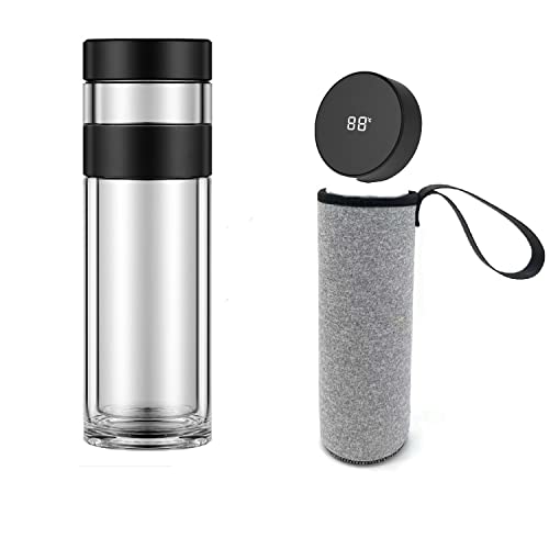 Smarter Teezubereiter Teeflasche to go aus Borosilikatglas mit Edelstahl Sieb mit Trage Hülle, 300ml Teebecher Trinkflasche Cover