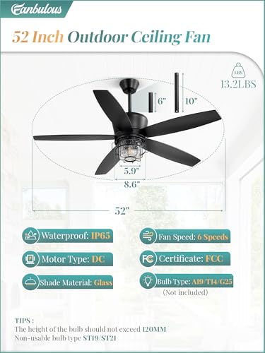 FANBULOUS 52" Outdoor Ceiling Fan with Lights and Remote Control, IP65 Waterproof, 6 Gang DC Motor, Country Style for Patio Pergolas