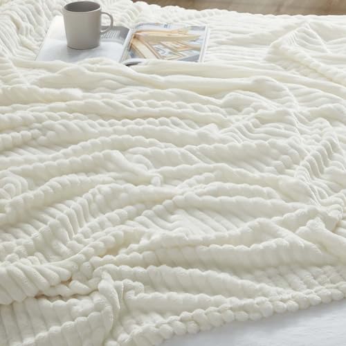 Image of Nestl White Throw Blanket for Couch - Cozy Warm Fuzzy Blankets for Women, Set of 2 Small Fleece Throws for Girls - Off White, 50 x 60 Inches