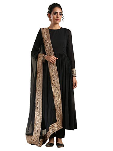 Indian Kurti for Womens With Pant | Rayon Embroidered Kurta Dupatta Kurtis Dress For Women Tops Tunic Black