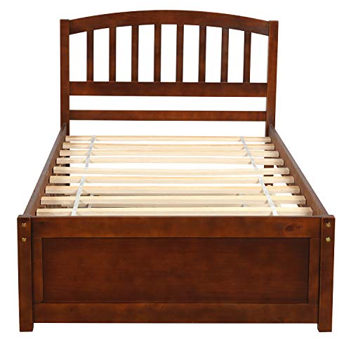 Harper & Bright Designs Twin Wood Platform Bed with Trundle, Wooden Bed Frame with Headboard and Footboard, Walnut