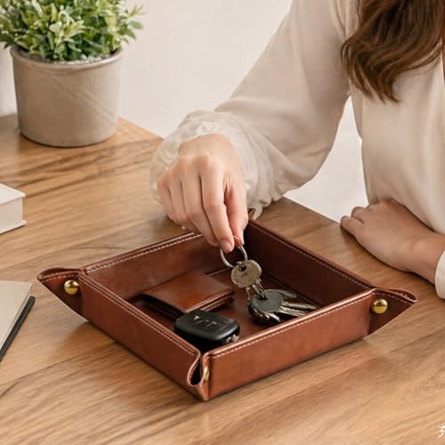 Image of YAPISHI Light Luxury Valet Tray for Men, PU Leather Vanity Jewelry Tray & Decorative Perfume Catchall, Folding Travel EDC Dump Tray, Nightstand Organizer Caddy for Keys, Watches, Coin Bowl Dish