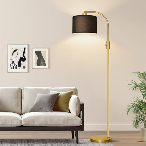 Image of Nintiue Upgraded Modern Arc Dimmable Tall Standing Floor Lamp with Black Shade, 1200 Lumens LED Bulb Included, for Living & Reading Room, Bedroom, Office & Nursery, Gold
