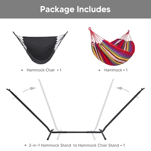 Image of SUNCREAT 2-in-1 Convertible Backyard Fabric Hammock with Stand, Red Stripes