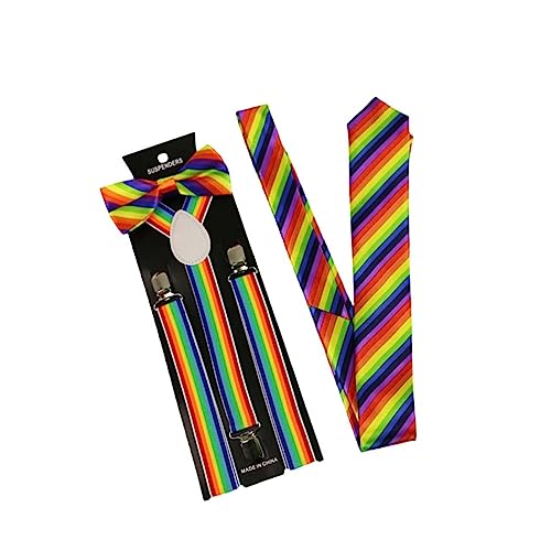 Healeved 3Pcs Colorful Elastic Suspenders with Bow Tie Unisex Rainbow Stripe Braces for Parties Weddings and Costumes
