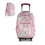 Mochila Escolar Infantil com Rodinhas 2 em 1 Poliéster 45cm Lhama Rosa 4 Compartimentos