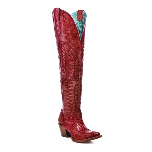 Corral Boots Women's Red Handcrafted Western Boots | J Toe Tall Cowboy Boots with Distressed Leather and Embroidery Design