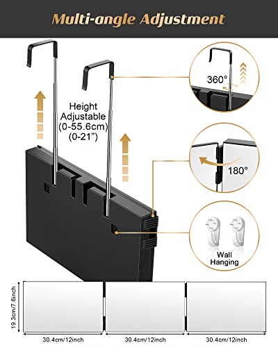 Jusron 3 Way Mirror For Hair Cutting, 360 Mirror With Height Adjustable Hooks For Door, Bathroom, Portable Trifold Shaving Barber Mirror For Makeup, Cut, Trim, Shave Gift (Black Without Led) #TOP1