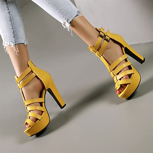 jianchi Women Plus Size Chunky Heel Cutout Shoes Wedding Prom Party Sandals Fashion Summer High Heels Sexy Fish Mouth Sandals (Color : Yellow, Shoe Size : 8)3