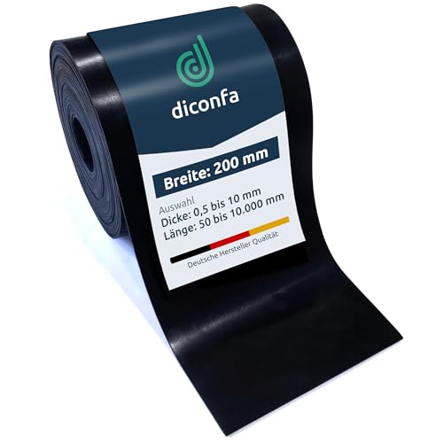 diconfa Gummistreifen 200mm 20cm BREIT - WÄHLBAR - Dicke: 1 bis 20mm - LÄNGE: 0,05 bis 10m - Auswahl: 1000mm (100cm) lang, 2mm stark - Gummimatte Meterware schmal Gummiunterlage Gummiplatte