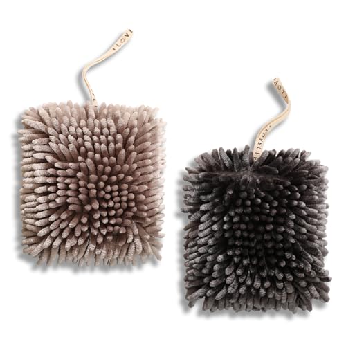 NSdawali Fuzzy Ball Hand Towel Set of 2 Hanging Chenille Puff Ball Hand Towels Super Absorbent Quick Dry Hand Soft Fluffy Ball Towel for Bathroom Kitchen (Coffee+Grey)
