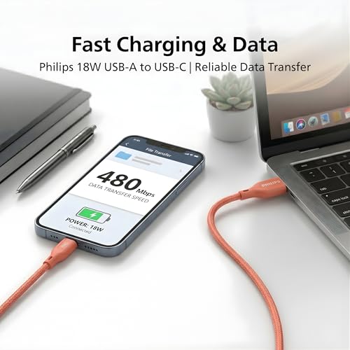 Image of PHILIPS DLC4150AR /94 18W Type-A to Type-C Fast Charging Cable (1.5m, Coral Reef) | Nylon Braided | Compatible with iPhone 15+ Series, USB-C iPad Models, Samsung Galaxy & All Type C Devices