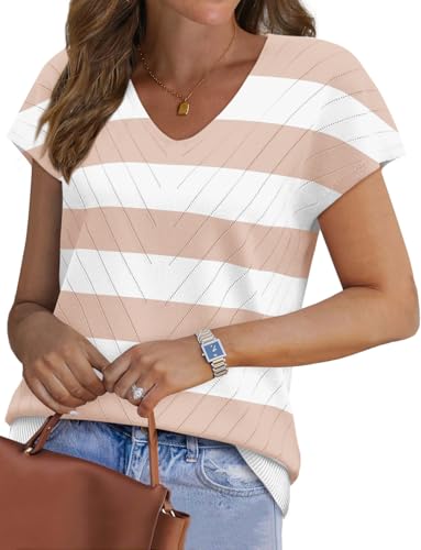 Image of WIHOLL Short Sleeve Sweater for Women V Neck Trendy Summer Tops 2026 Beach Vacation Clothes Travel Business Casual Outfits
