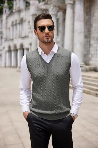 Image of COOFANDY Men's Sweater Vest Cable Knitted V Neck Slim Fit Sleeveless Pullover Sweater