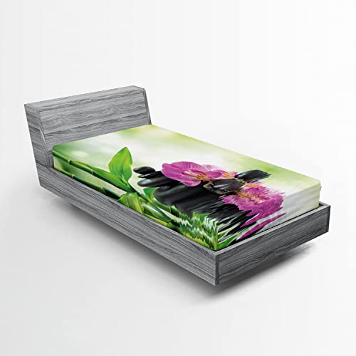 Ambesonne Spa 2 Pack Fitted Sheet, Orchids Rocks Water, Bed Cover All-Round Elastic Deep Pockets 2 Pieces, Package Contains 2 Twin Size Fitted Sheets, Charcoal Green