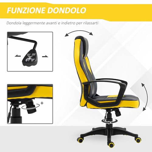 Sedia Gaming Ergonomica, Poltrona da Ufficio Girevole con Rotelle in Similpelle Nera e Gialla, Altezza Regolabile - Sedia gaming - Immagine 4