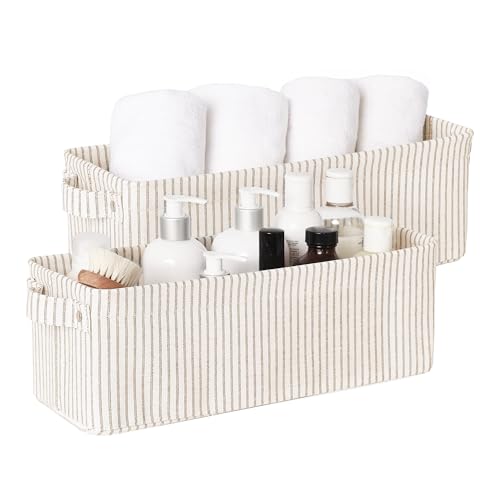 StorageWorks Narrow Storage Bins, Small Basket for Closet and Shelves, Fabric Organizer with Handles, Toilet Paper Storage, Khaki and Beige Stripes, 2-Pack