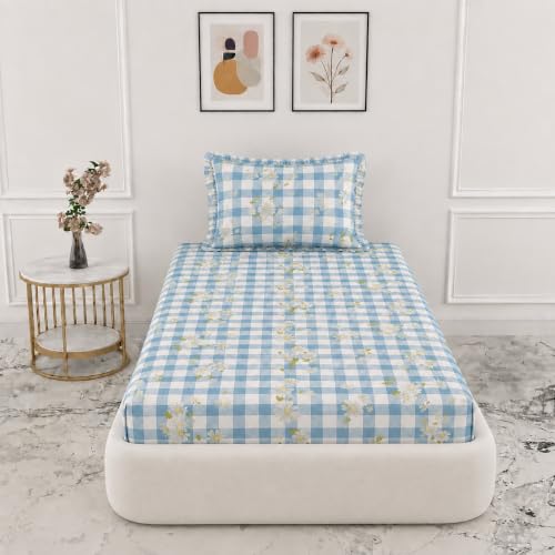 Image of VOMZER Single (36x72) 300 TC Soft Cotton Feel Microfiber All Around Elastic Fitted Single Bedsheet with 1 Frill Pillow Covers | Blue Check
